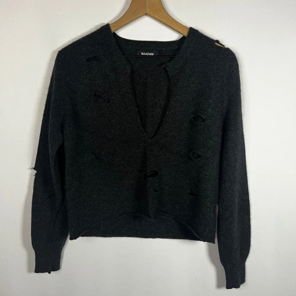 Naadam Sweater‎ Women Small Charcoal Gray Distressed V-Neck Long Sleeve Cashmere